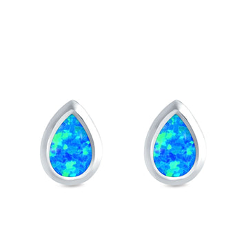 Pear Solitaire Stud Earrings Lab Created Blue Opal 925 Sterling Silver (10mm)
